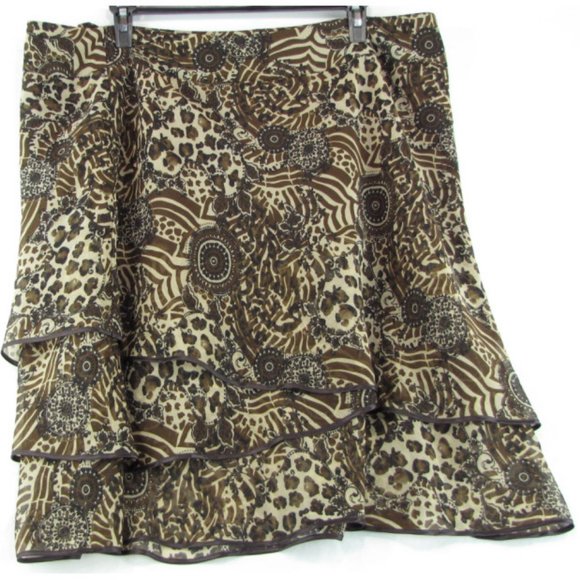 SALE! Floral Leopard Sheer Ruffle Brown Midi Knee Skirt - Picture 2 of 3